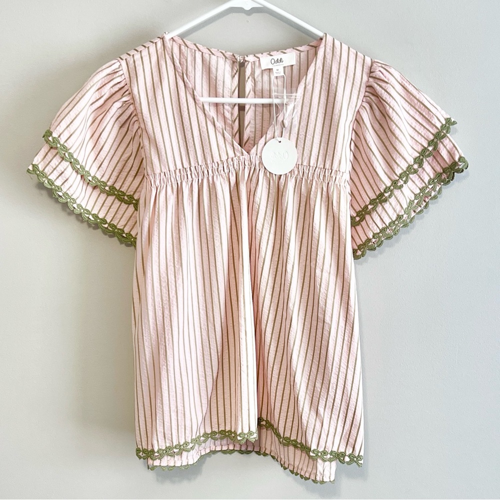 NWT Oddi Striped Double Ruffle Short Sleeve Blouse